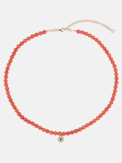 Evil Eye 14kt gold and coral beaded necklace with diamonds