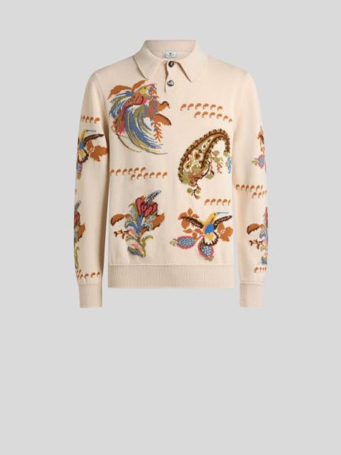 COTTON-BLEND JACQUARD POLO SWEATER WITH INLAYS