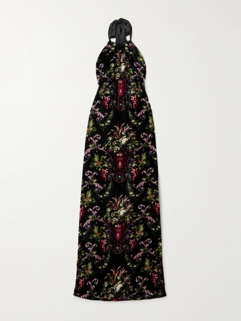 Geneva Open-back Satin-trimmed Floral-print Velvet Halterneck Maxi Dress