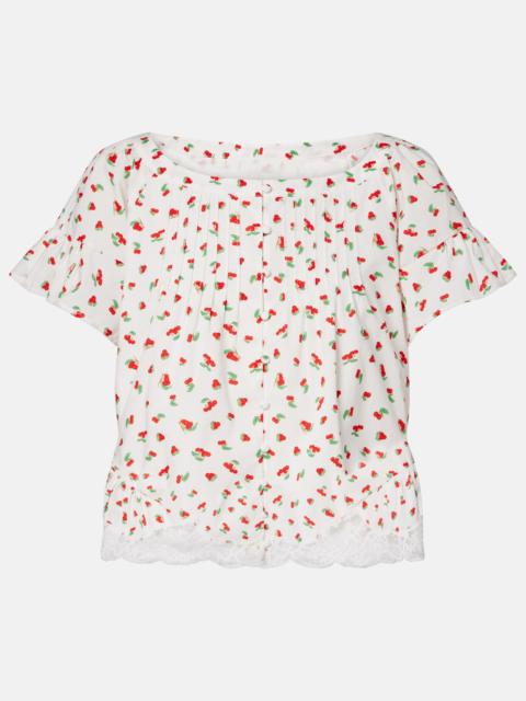 Delia lace-trimmed printed cotton blouse