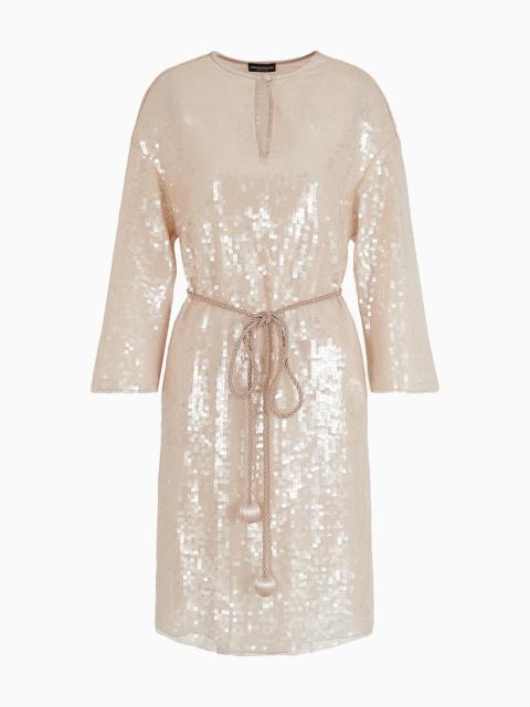 Midi dress with all-over sequins and belt