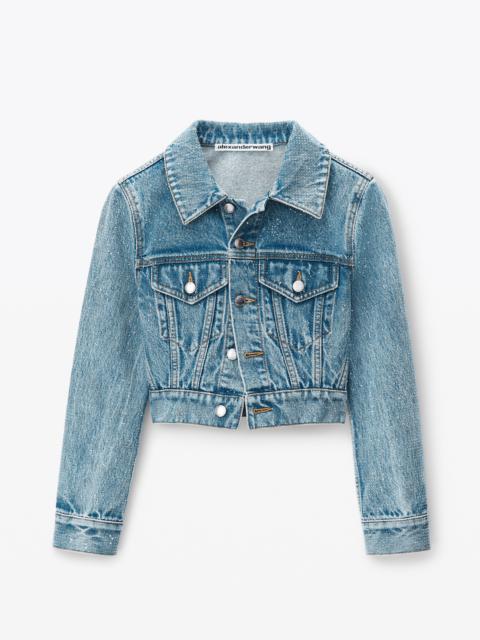 Cropped Denim Trucker Jacket in Clear Hotfix