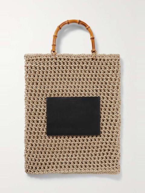 Leather-trimmed crocheted rope tote