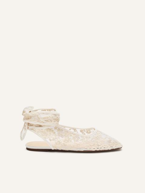 Lace ankle-wrap flats in white