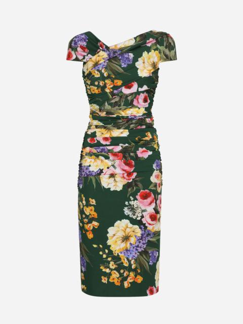 Charmeuse draped sheath dress with garden print