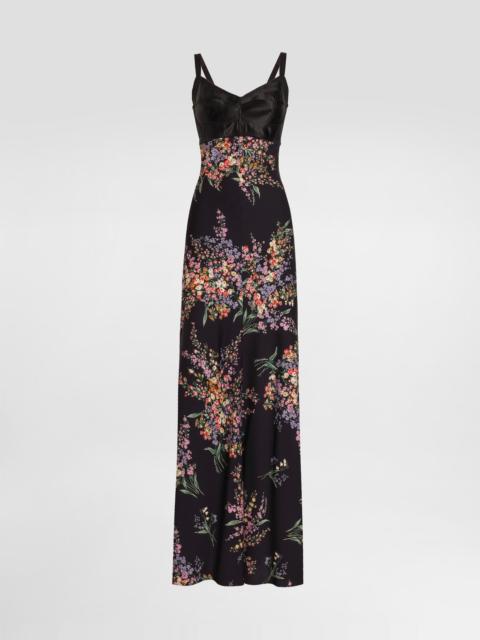 Flower bouquets-print long charmeuse dress