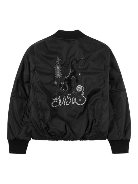 Fuzzy Cat Appliqué and Logo Embroidery Drop-Shoulder Bomber Jacket