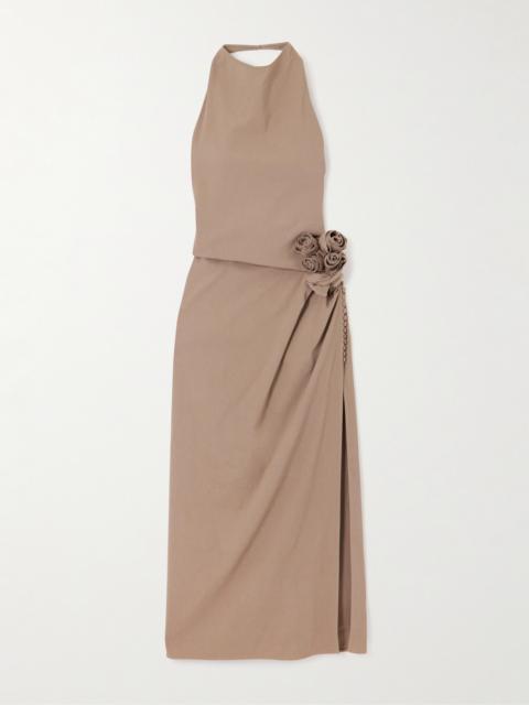 Appliquéd Linen-blend Halterneck Maxi Dress