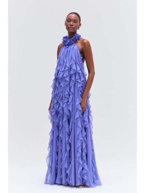 SILK PLISSE LONG DRESS HALTERNECK FLORAL COLLAR