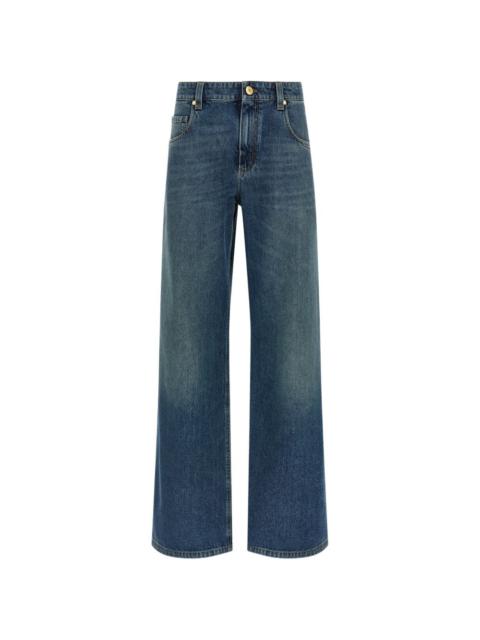 contrast-stitching stonewashed-denim jeans