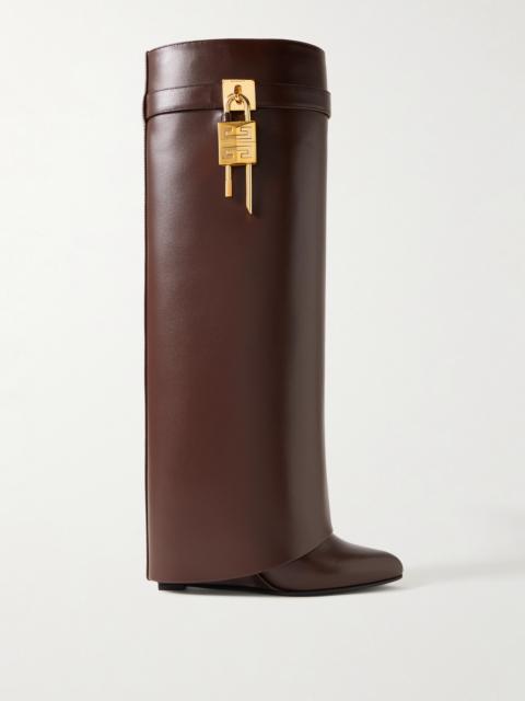Shark Lock Embellished Glossed-leather Knee Boots
