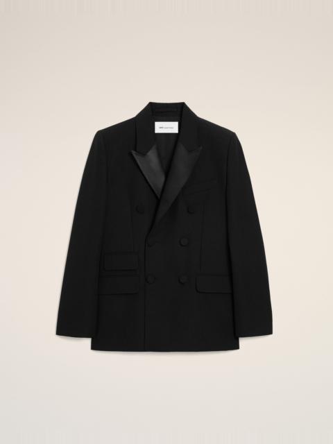 BLACK NEW WOOL DOUBLE BREASTED STRAIGHT SMOCKING JACKET