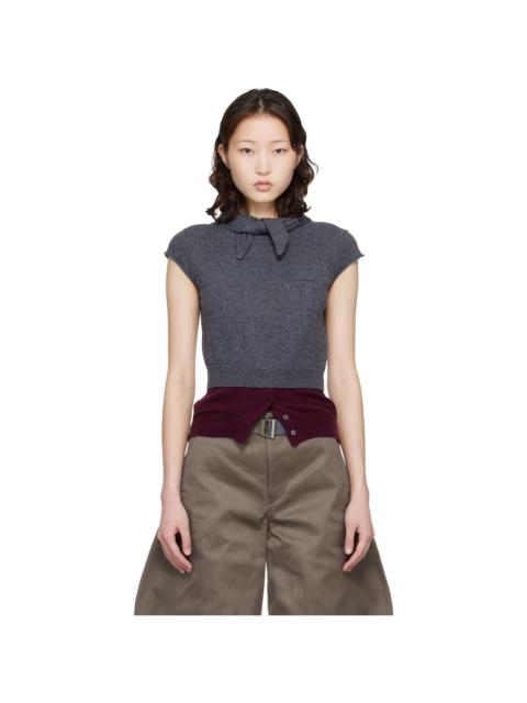 Gray & Burgundy Crew Neck Cap Sleeve Bandana Sweater