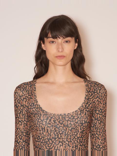 CATHLEEN - Mesh jersey long-sleeve mini dress - Brown ocelot