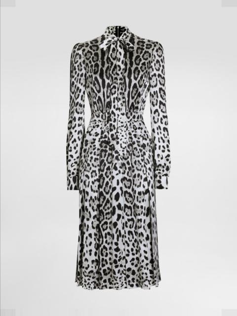 Satin calf-length shirt dress with pussy-bow and leopard print