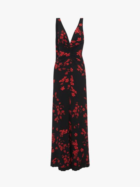 V-Neck Gathered Waist Gown In Sci-Fi Black Floral