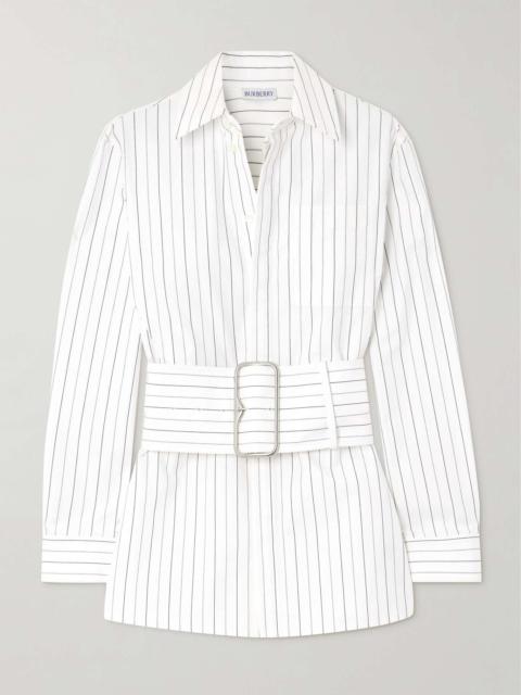 Belted pinstriped cotton-poplin shirt White