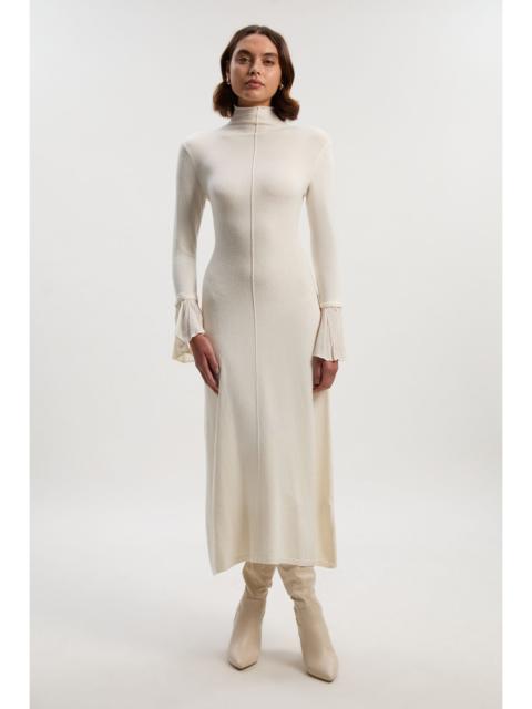 Petite Wool And Alpaca Blend Knit Pleated Silk Woven Cuffs Midi Dress