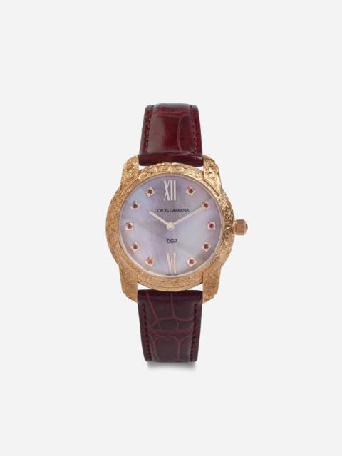 DG7 Gattopardo watch in red gold with pink mother of pearl and rubies