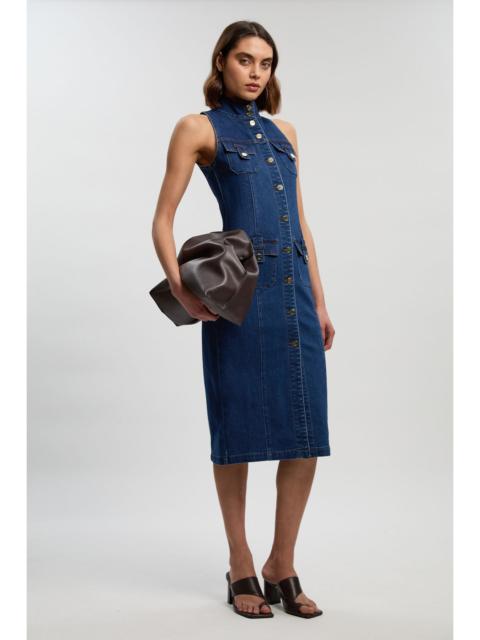 Petite Denim Sleeveless Midi Button Detail Midi Dress