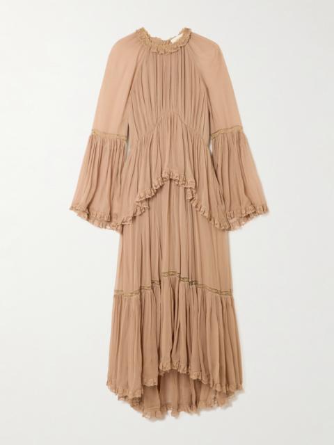 Hypnotic Lace-trimmed Tiered Crepe De Chine Midi Dress