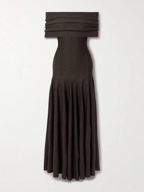 Ava off-the-shoulder pleated wool-blend maxi dress Dark brown