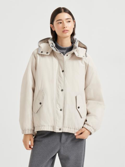 Techno cotton water-resistant taffeta down jacket with detachable hood and shiny zipper pull