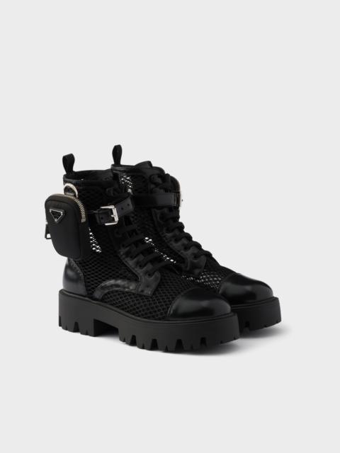 Mesh fabric and brushed leather booties with pouch