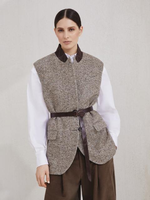 Flecked virgin wool and silk chevron vest with leather belt and monili