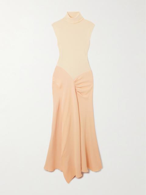 Asymmetric Draped Gathered Ribbed-knit And Crepe Midi Dress