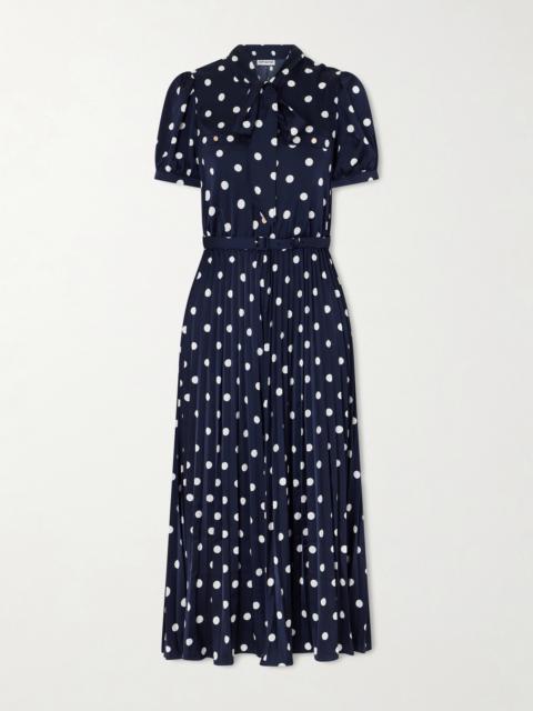 Pussy-bow Belted Pleated Polka-dot Satin Midi Dress