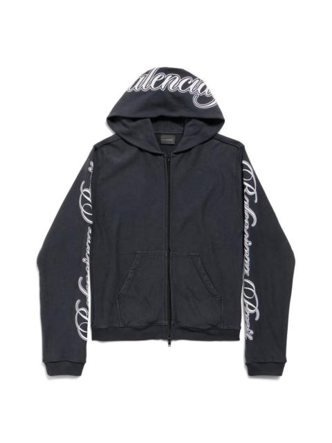 Women's Cursive Zip-up Hoodie Regular Fit in Washed Black/white