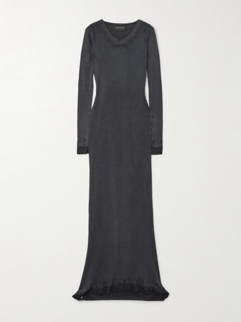 Distressed Lace-trimmed Ribbed Cotton-jersey Maxi Dress