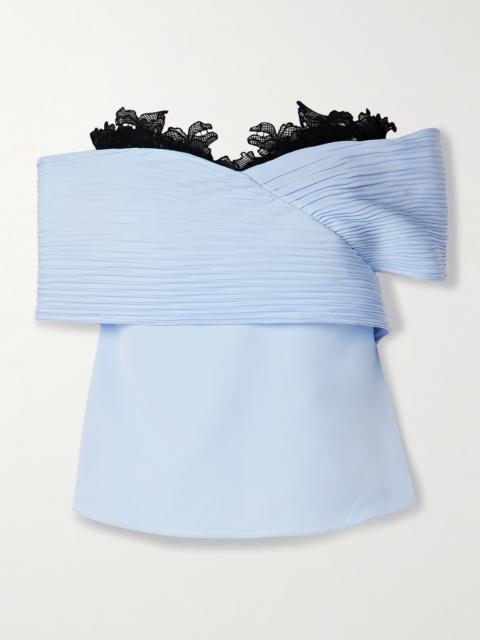 Penelope Off-the-shoulder Guipure Lace-trimmed Plissé-crepe De Chine Top