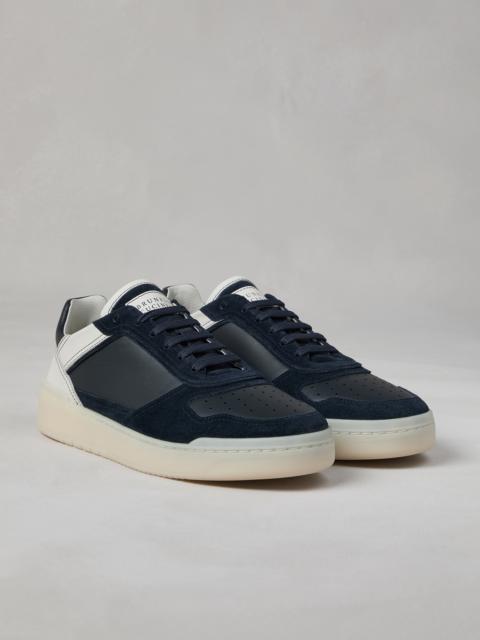Semi-polished calfskin and washed suede basket sneakers