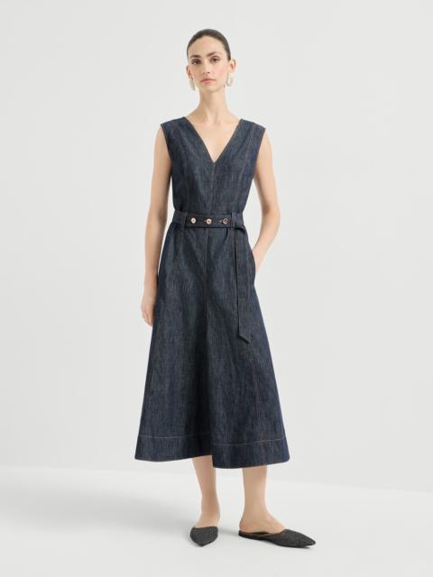 Cotton denim-effect twill flared dress with belt and monili