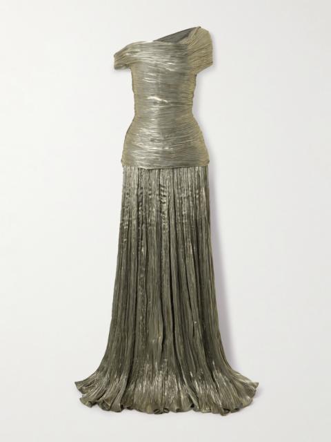 Off-the-shoulder Ruched Metallic Plissé-chiffon Gown