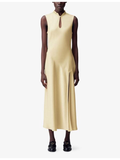 Ruffle-Neck Cut-Out Satin Maxi Dress