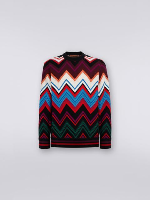 Crew-neck pullover in wool and cotton with zigzag