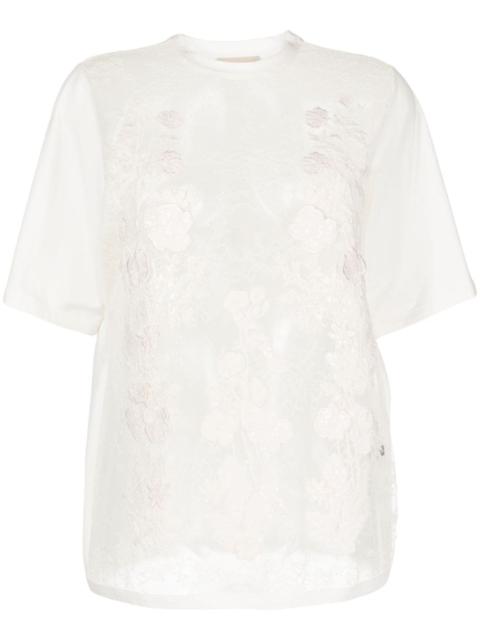 floral-appliquÃ© sheer T-shirt