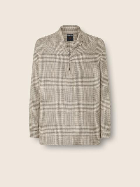 OLIVE GREEN AND WHITE PRINCE OF WALES CROSSOVER LINEN WOOL AND SILK SHIRT
