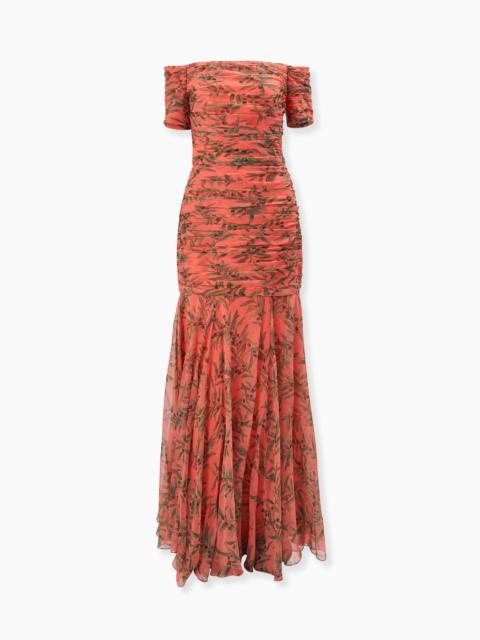 Olive Branch-Print Ruched Gown