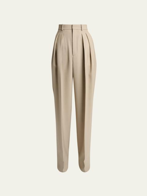 Pleated Wool-Silk Canvas Wide-Leg Pants
