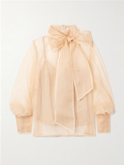 Pussy-bow lace-trimmed silk-organza blouse Blush