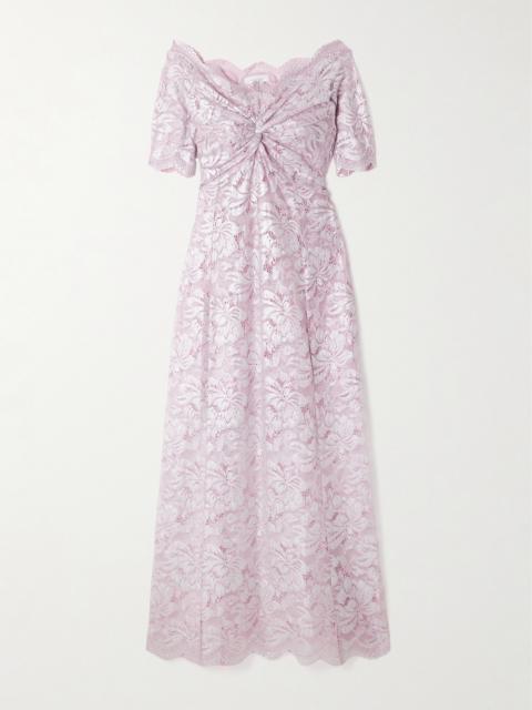 Off-the-shoulder Twist-front Metallic Lace Maxi Dress