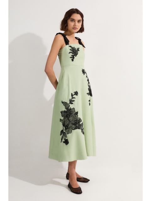 Viscose Linen Placed Floral Lace Embroidered Strappy Midi Dress