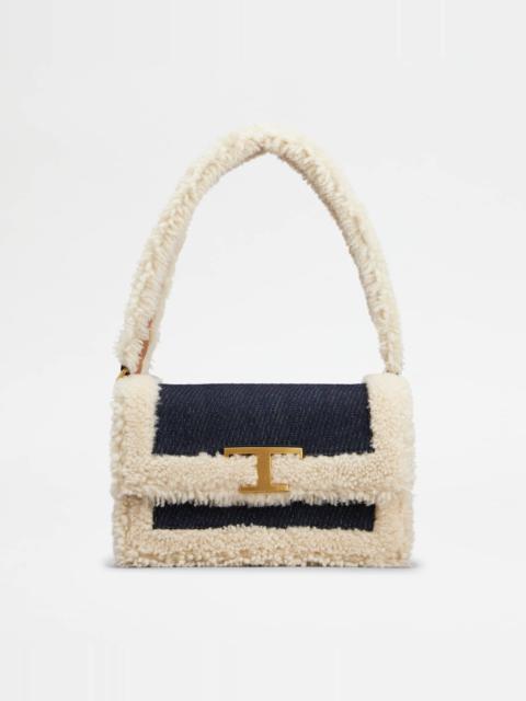 T TIMELESS SHOULDER BAG IN DENIM AND SHEEPSKIN MINI - OFF WHITE, BLUE