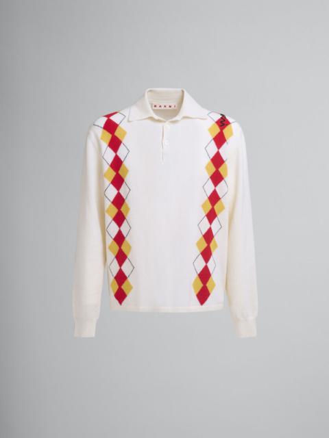LONG SLEEVED IVORY POLO SHIRT WITH INTARSIA ARGYLE DETAIL