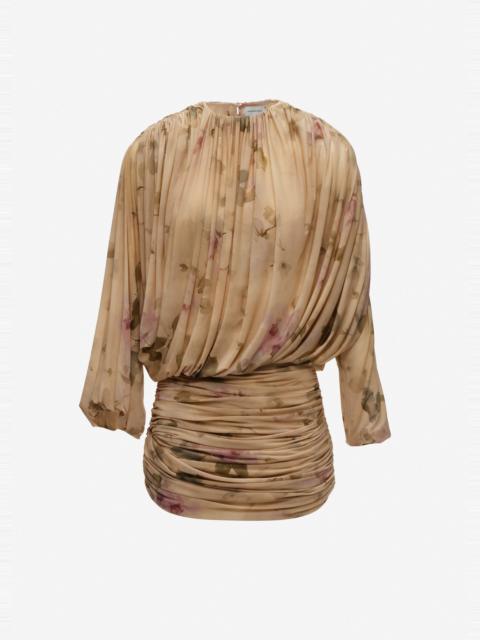 Gathered cupro mini dress in beige floral print