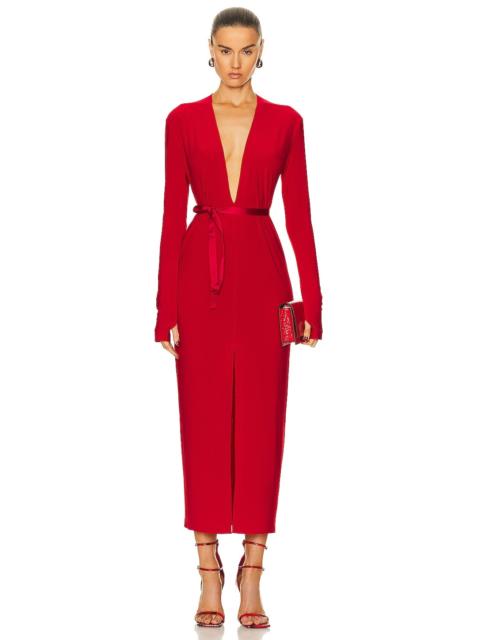 Long Sleeve Deep V Neck Center Front Slit Gown